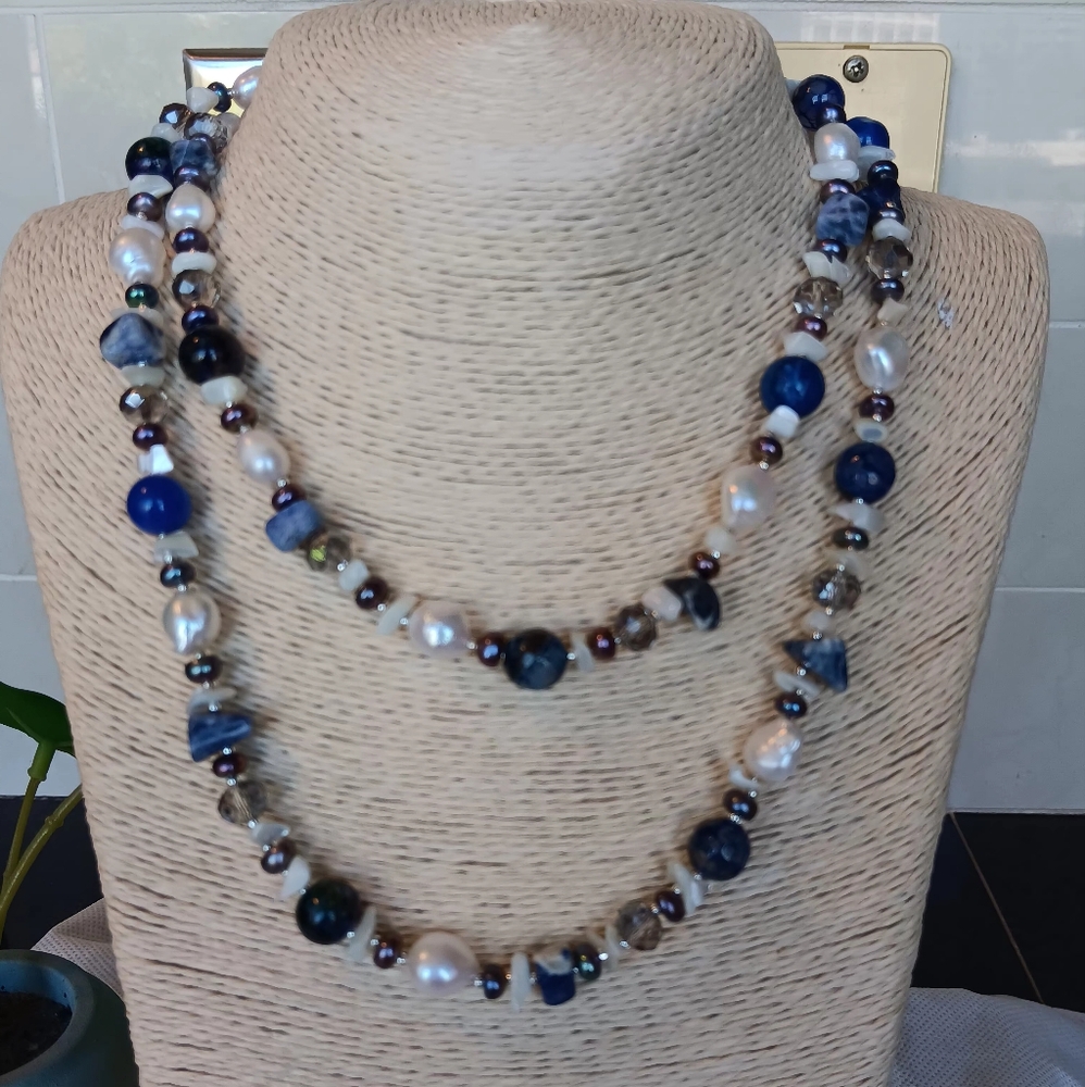 Gemstones, Pearls, Crystals Necklace hand made in USA, LONG, New Necklace